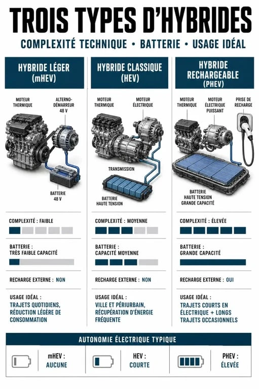Comparatif des types de voitures hybrides : mHEV, HEV et PHEV pour choisir son véhicule hybride.