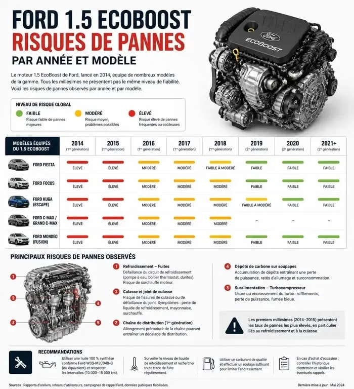Infographie des risques de pannes du moteur 1.5 EcoBoost par modèle et année