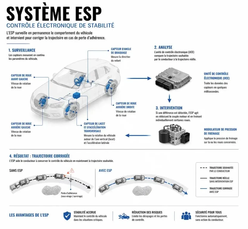 Schéma explicatif du fonctionnement du système ESP et du voyant voiture qui glisse sur le tableau de bord