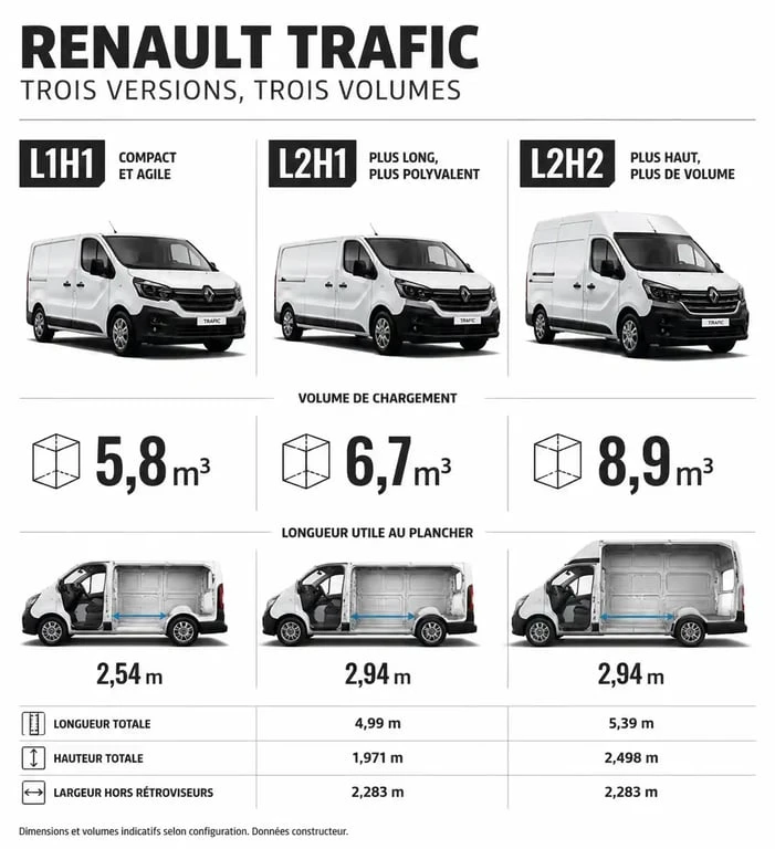 Comparatif des dimensions et volumes de chargement du Renault Trafic blanc pour professionnels