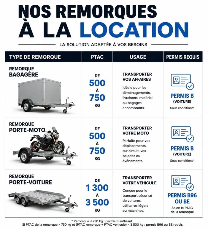 Tableau comparatif des remorques en location chez E.Leclerc : modèles, PTAC et permis nécessaires