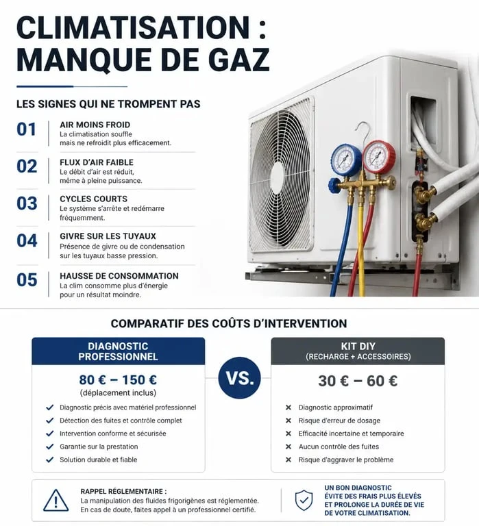 Infographie sur les signes de fuite de gaz et les coûts de recharge de climatisation