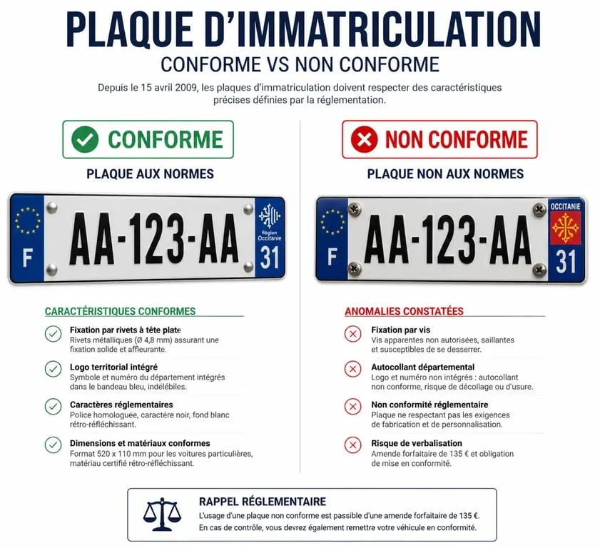 Comparaison visuelle entre une plaque d'immatriculation conforme et non conforme selon la réglementation française