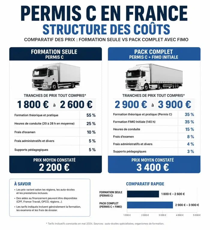 Infographie des tarifs du permis C et formation FIMO en France