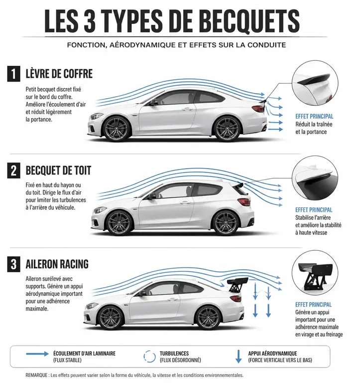 Schéma comparatif des différents types de becquet voiture : lèvre de coffre, becquet de toit et aileron.