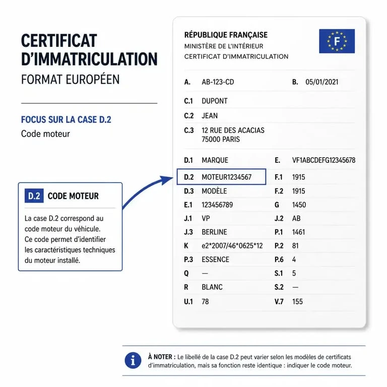 Localisation du code moteur sur la carte grise en case D.2