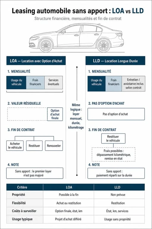 Comparatif visuel entre LOA et LLD pour un leasing Volkswagen sans apport