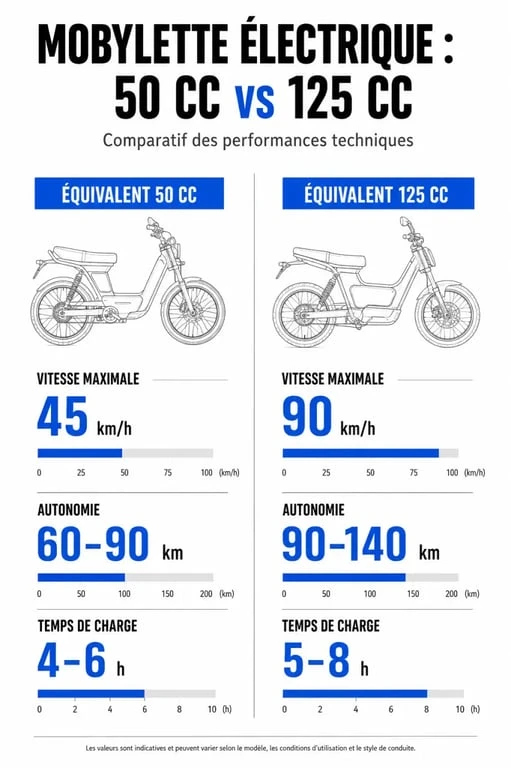 Infographie comparative des performances techniques d'une mobylette électrique 50cc et 125cc