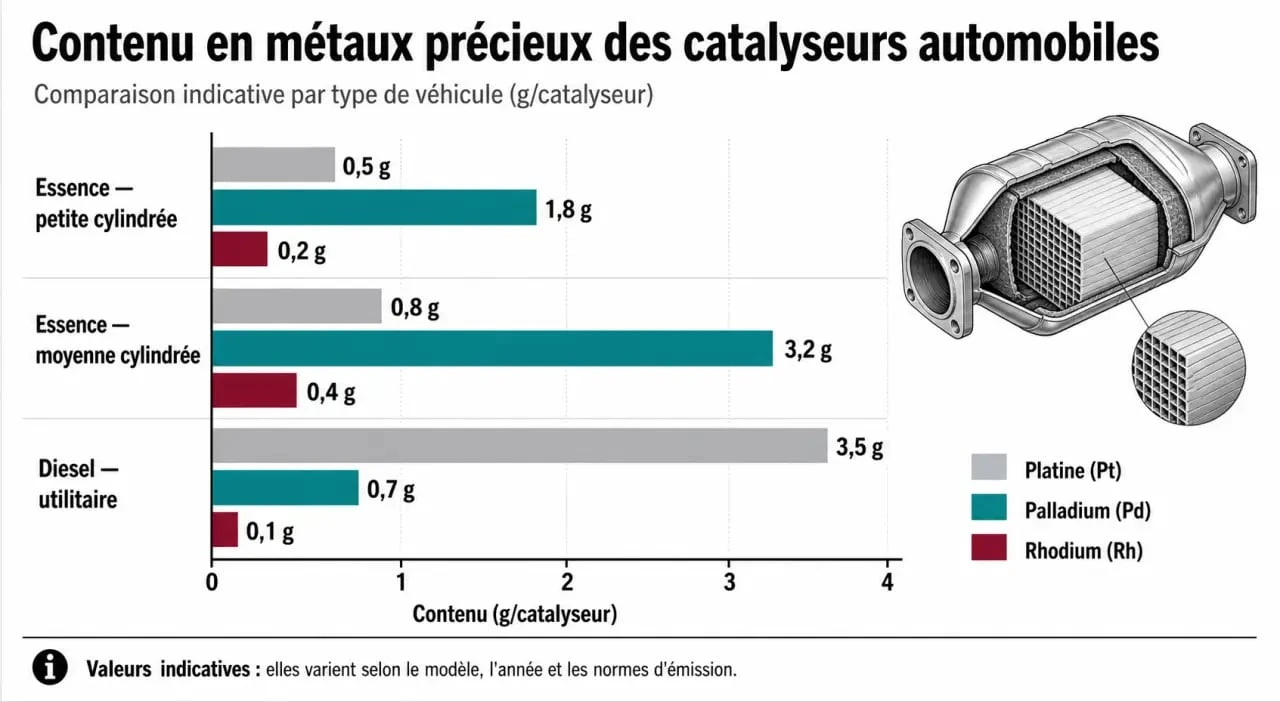 Infographie comparative des prix et métaux précieux dans les catalyseurs automobiles