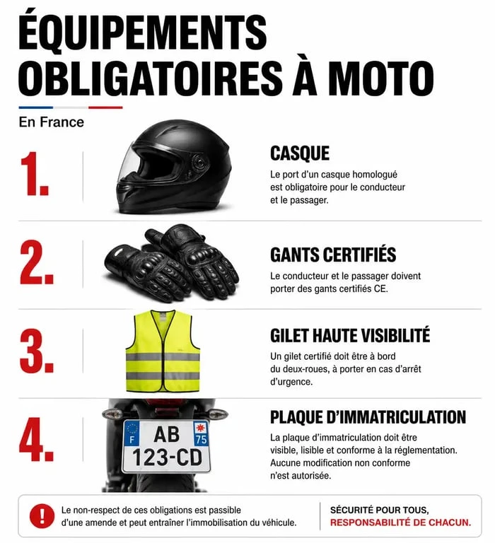 Infographie des équipements moto obligatoires en France pour la sécurité du conducteur et du passager
