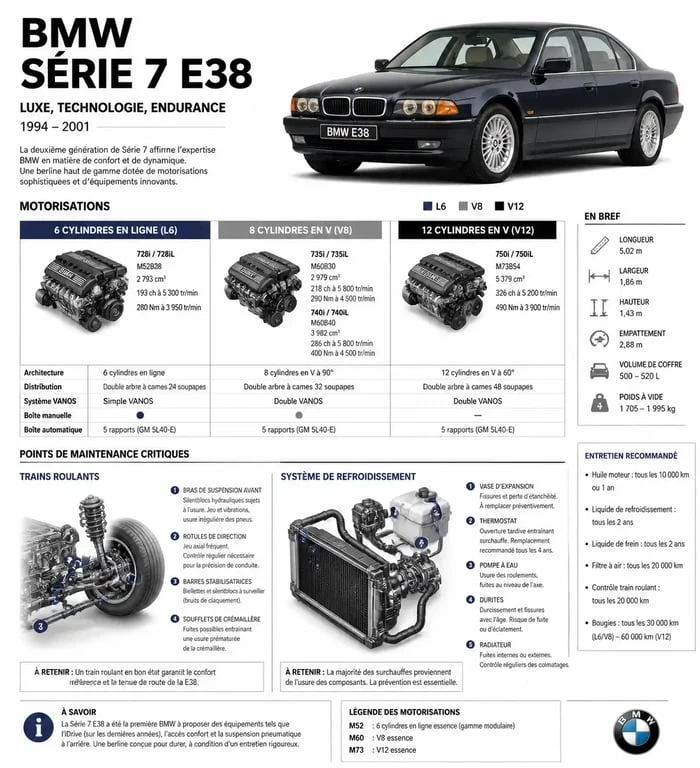 Infographie technique des motorisations et points d'entretien de la BMW E38