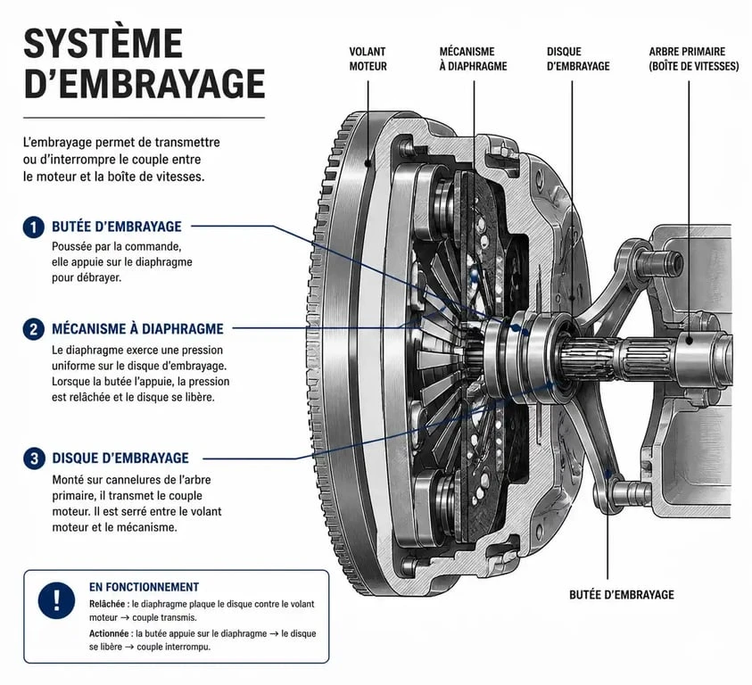 Schéma technique du fonctionnement de la butée d'embrayage dans un système de transmission automobile.