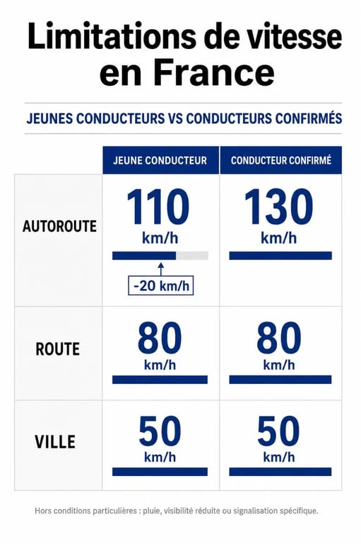 Tableau comparatif des limitations de vitesse pour jeune conducteur en France