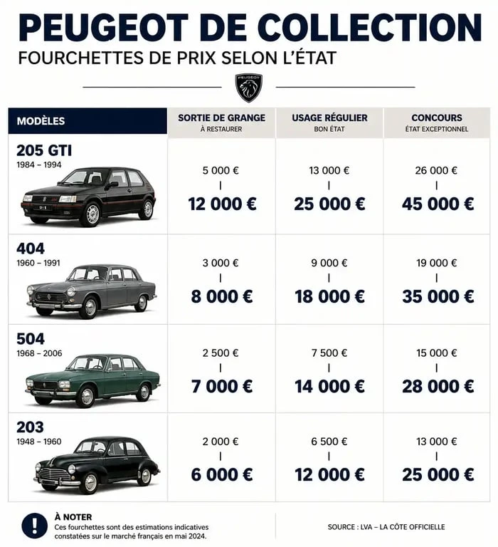 Tableau comparatif des prix des anciennes Peugeot par modèle et état de conservation
