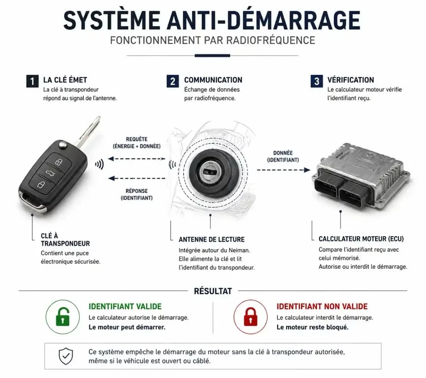 Schéma de fonctionnement d'un système anti-démarrage de voiture
