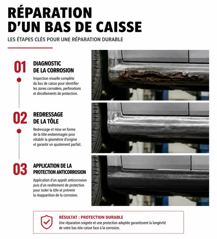 Schéma des étapes de réparation d'un bas de caisse de voiture