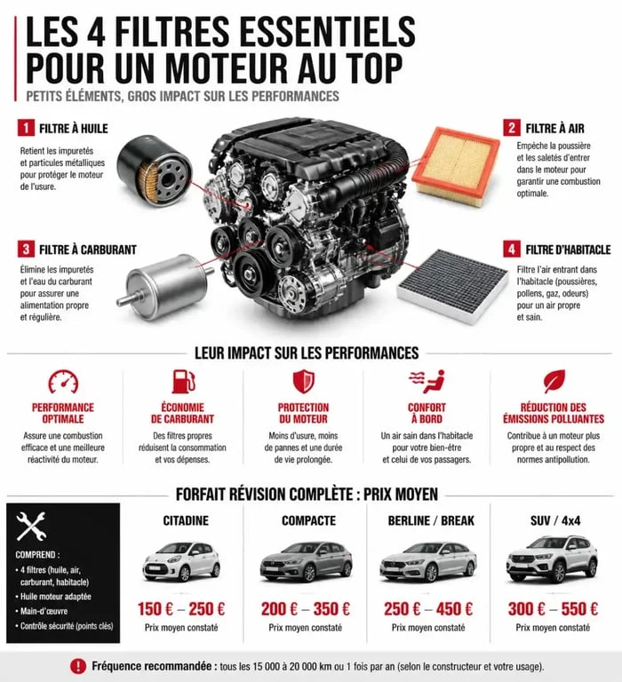 Infographie des prix et des 4 filtres pour une vidange complète avec tous les filtres