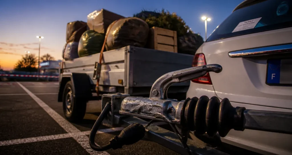 Location remorque Leclerc 500 kg, attelage et remorque chargée en sécurité