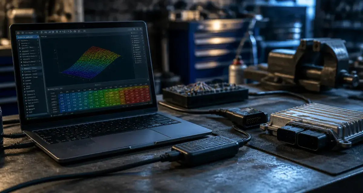 Logiciel reprogrammation moteur : ordinateur en atelier, ECU et interface OBD