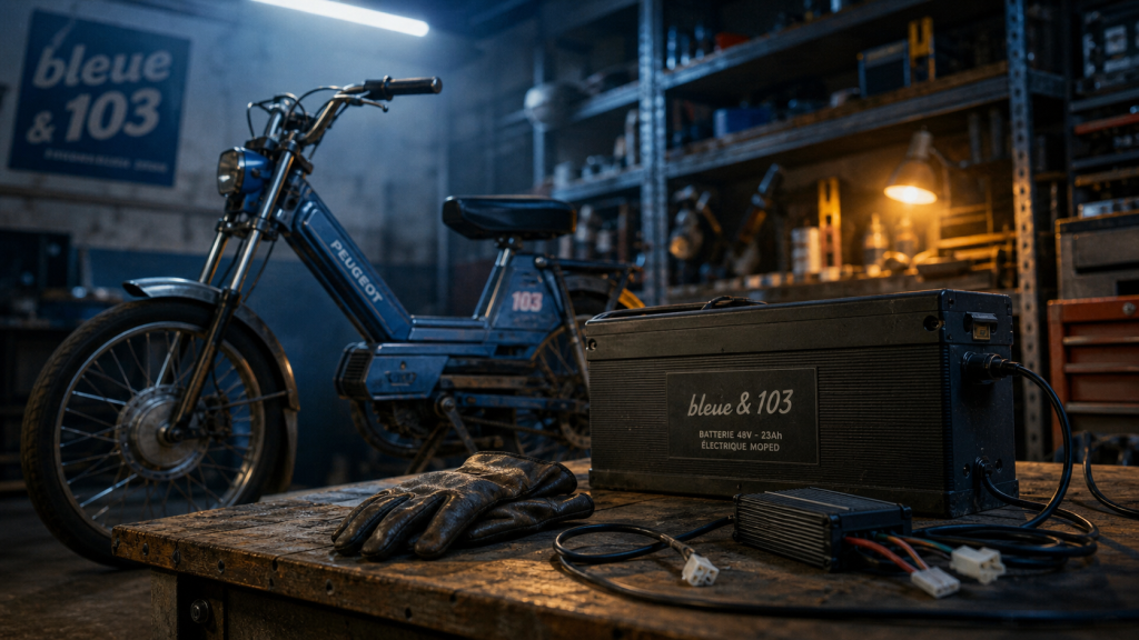 mobylette electrique rétro avec batterie amovible dans un garage
