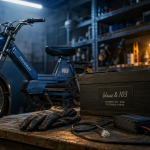 mobylette electrique rétro avec batterie amovible dans un garage
