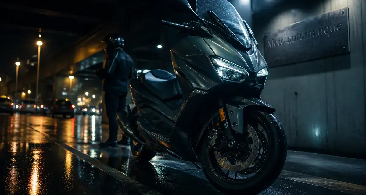 Moto automatique : transmission sans embrayage, vue parking humide