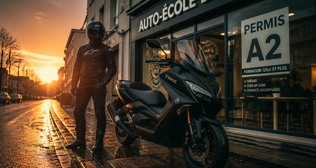 permis tmax jeune motard devant auto école