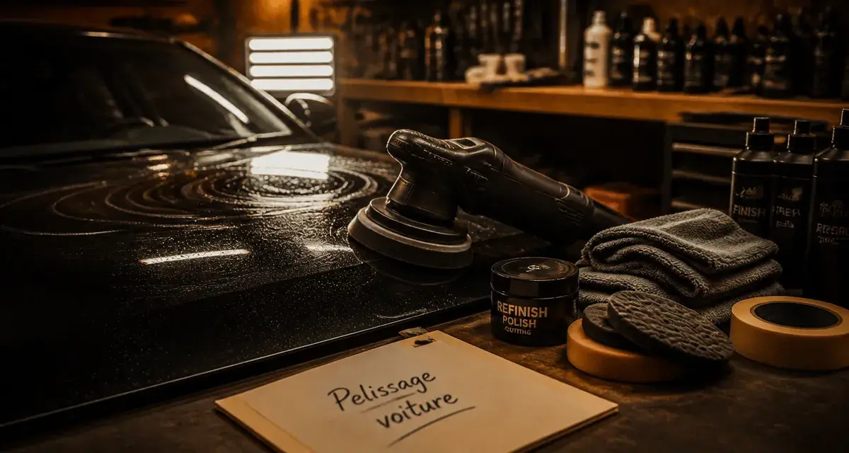 Polissage voiture en atelier : capot sombre en polissage