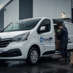 Renault trafic blanc devant entrepôt