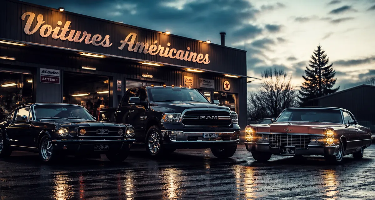 voiture americaine vintage devant garage france