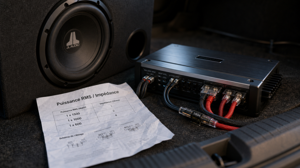Ampli pour caisson de basse voiture : RMS et impédance (photo coffre)