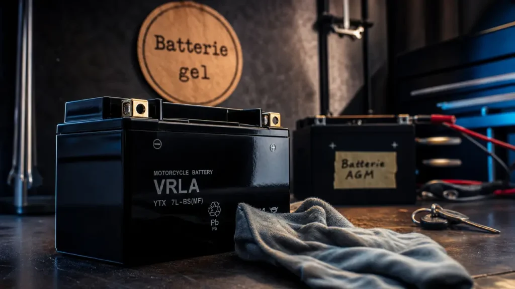 Batterie moto gel VRLA sur établi, bornes visibles