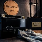 Batterie moto gel VRLA sur établi, bornes visibles