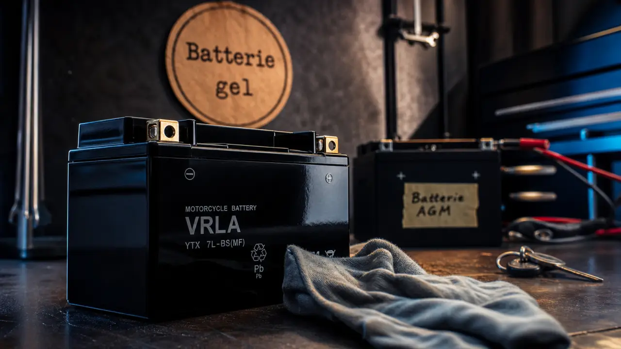 Batterie moto gel VRLA sur établi, bornes visibles