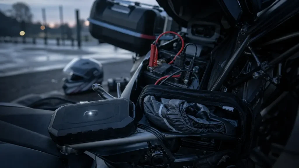 Boost batterie moto : booster compact avec pinces sur moto, parking humide