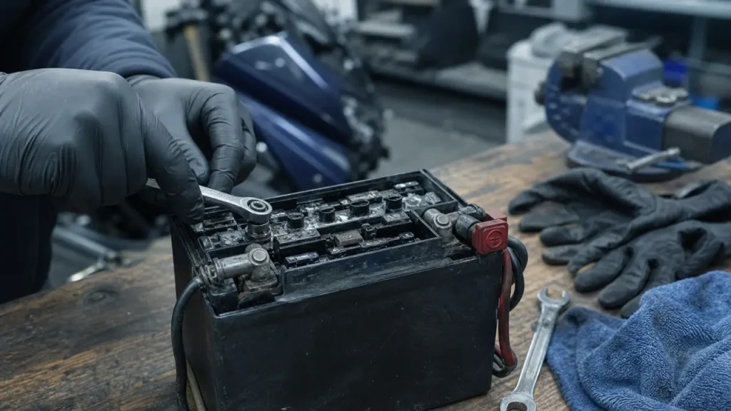 Débrancher batterie moto : borne négative d’abord, cosse sur batterie