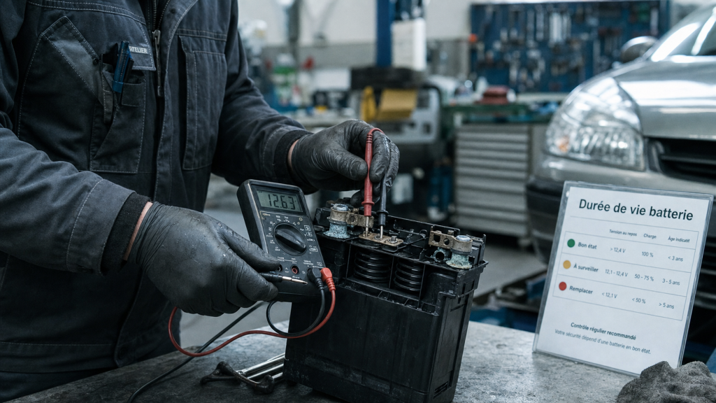 Durée de vie batterie voiture : technicien vérifie une batterie 12 V au multimètre