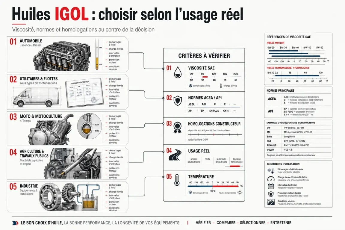 Infographie sur l’huile igol comparant les usages automobile, industrie, agriculture et motoculture
