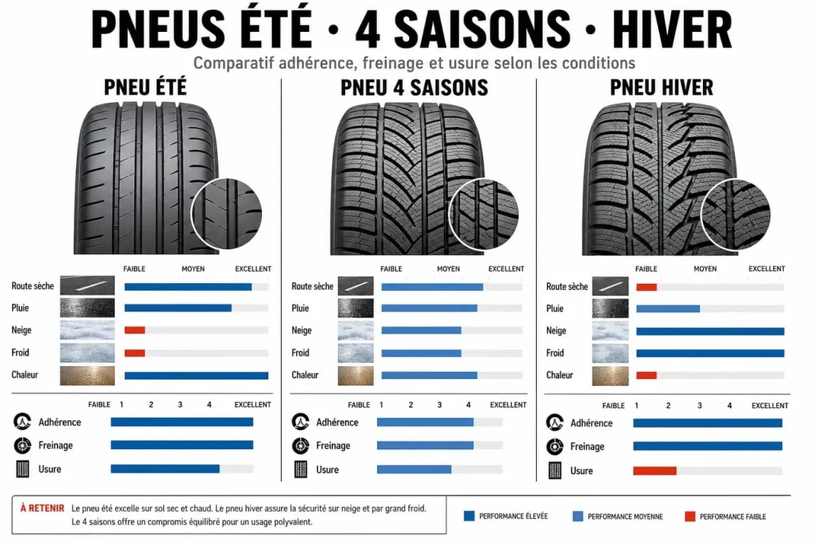 Pourquoi les pneus 4 saisons sont à éviter : comparaison visuelle avec pneus été et pneus hiver