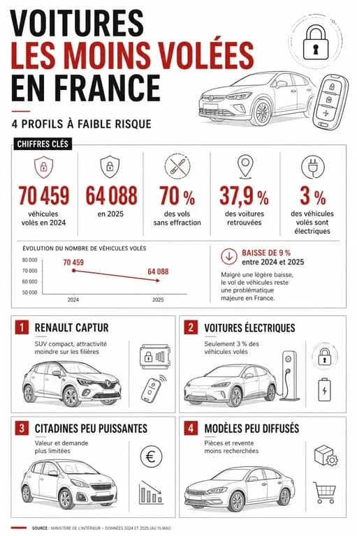 Infographie sur les voitures les moins volées en France avec les chiffres clés et les modèles les moins ciblés