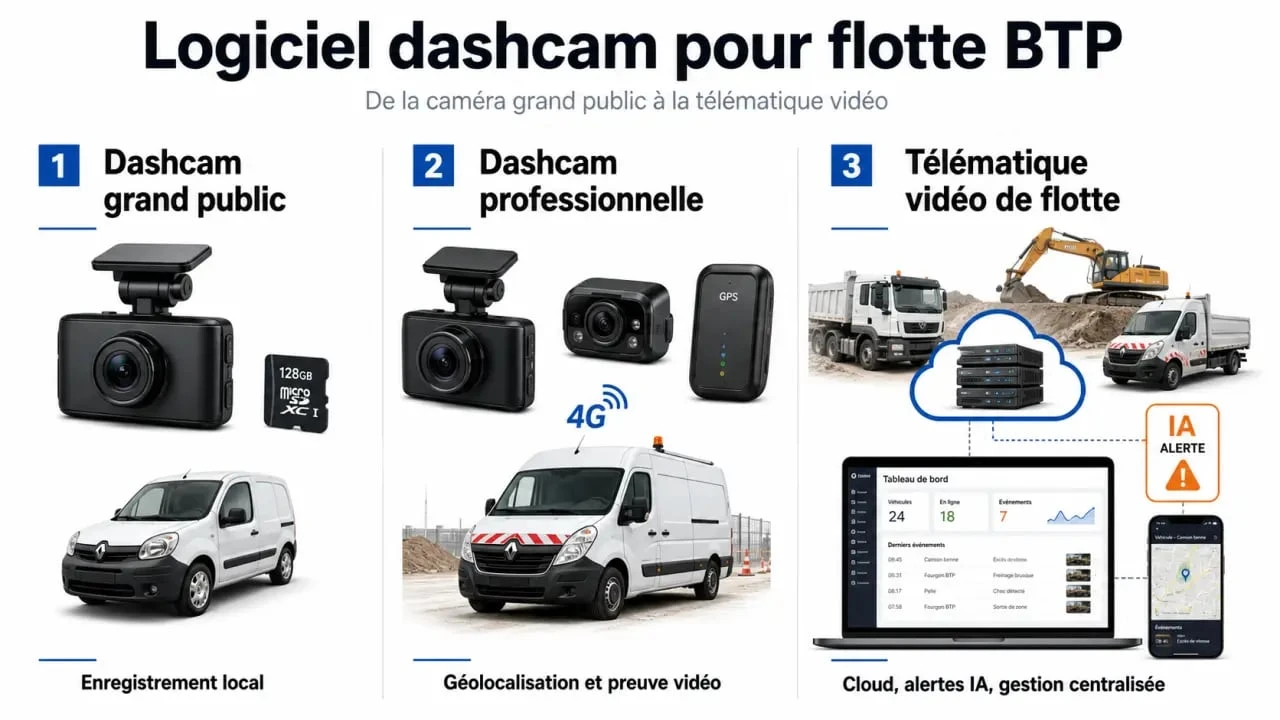 Logiciel dashcam pour véhicules BTP : comparaison visuelle entre dashcam grand public, dashcam professionnelle et télématique vidéo