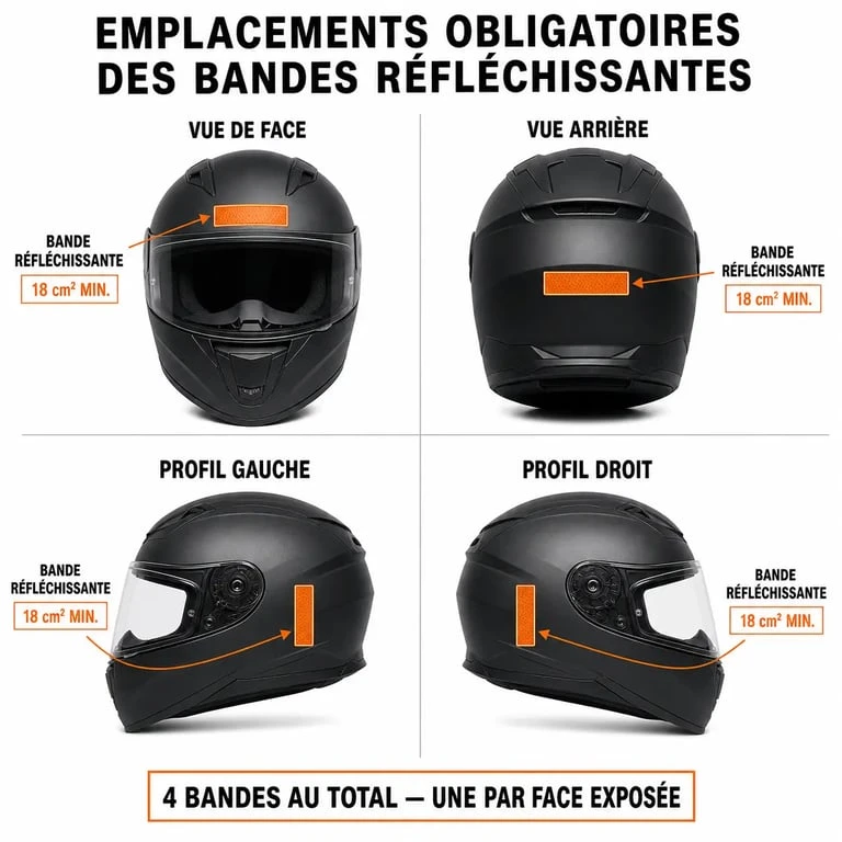 Schéma de positionnement des bandes réfléchissantes obligatoires sur un casque de moto pour la conformité routière