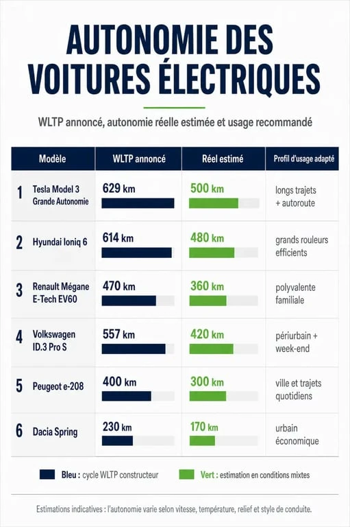 Tableau autonomie voiture électrique : comparaison visuelle de l’autonomie WLTP et de l’autonomie réelle