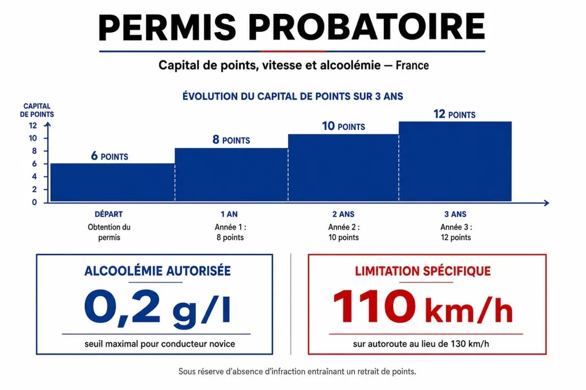 Infographie récapitulative des règles du permis probatoire pour jeune conducteur