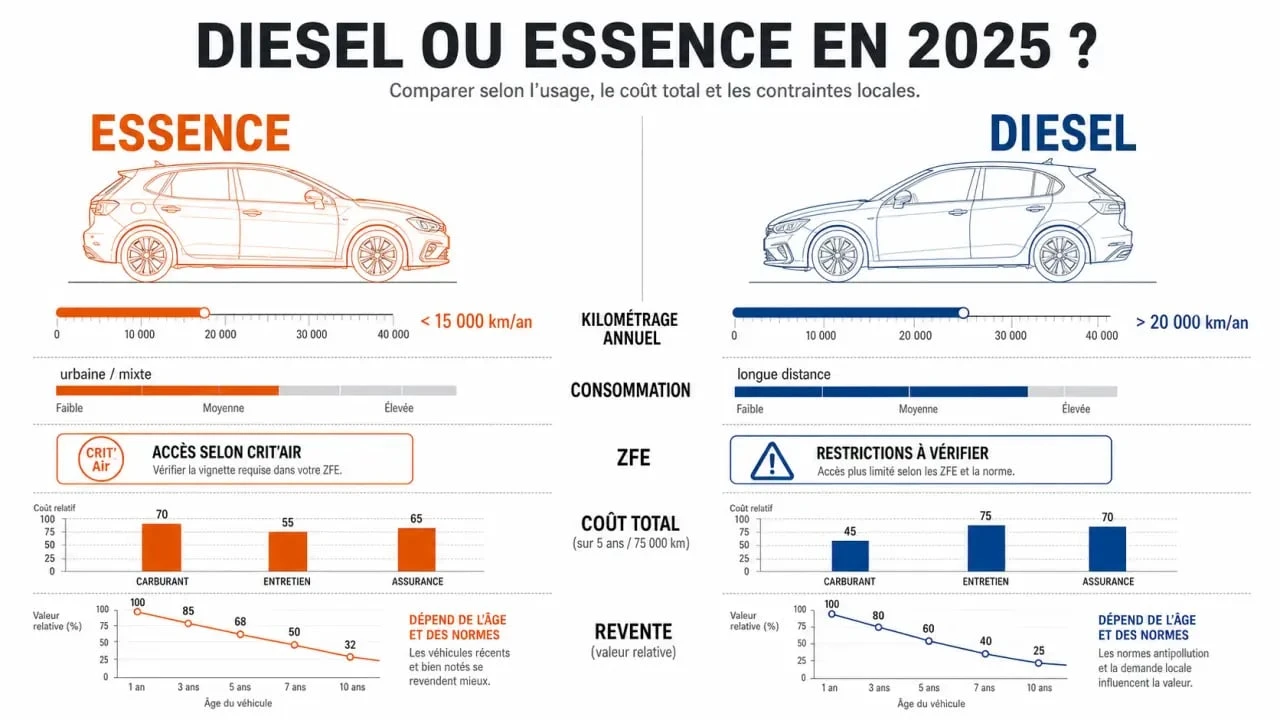 Diesel ou essence en 2025 : comparaison visuelle des coûts, du kilométrage et des ZFE