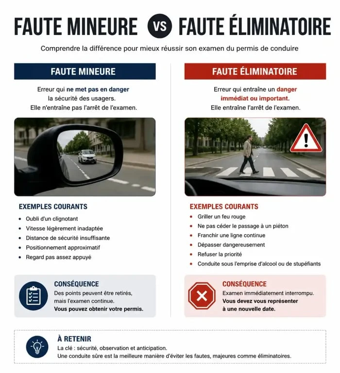 Infographie comparative : faute mineure vs faute éliminatoire au permis de conduire
