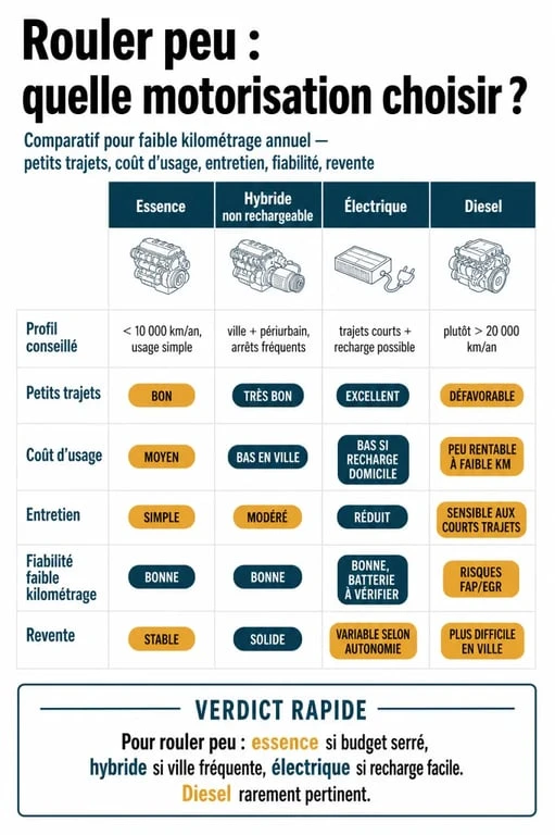 Infographie sur quelle voiture choisir quand on roule peu : comparaison essence, hybride, électrique et diesel