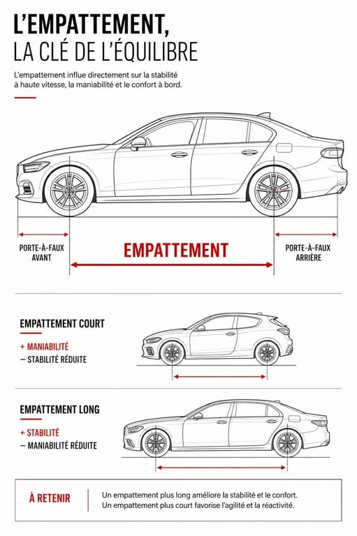 Empattement voiture : schéma comparant empattement court et long avec les porte-à-faux