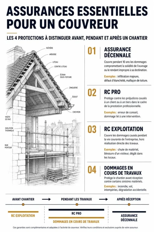 Infographie des garanties et assurances obligatoires pour couvreur professionnel