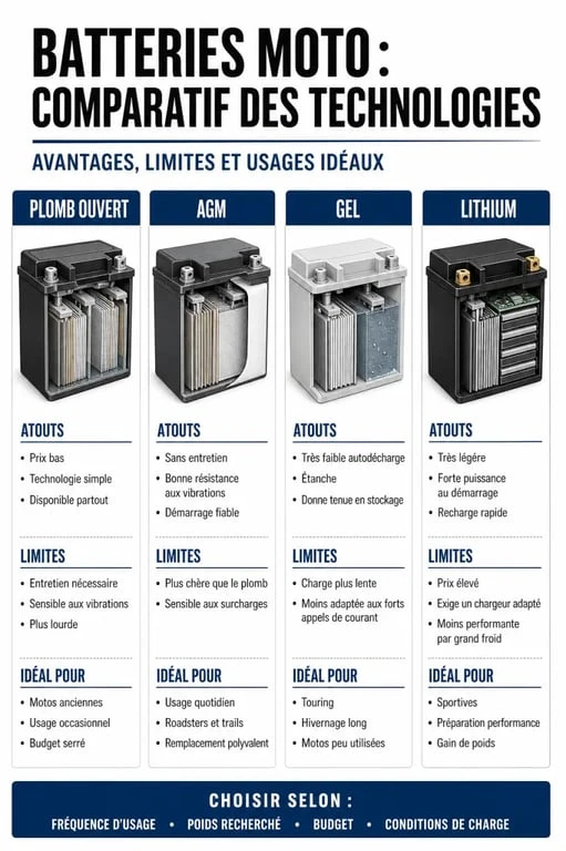 Comparatif des technologies de batterie moto : Gel, AGM, Plomb et Lithium pour choisir la meilleure batterie